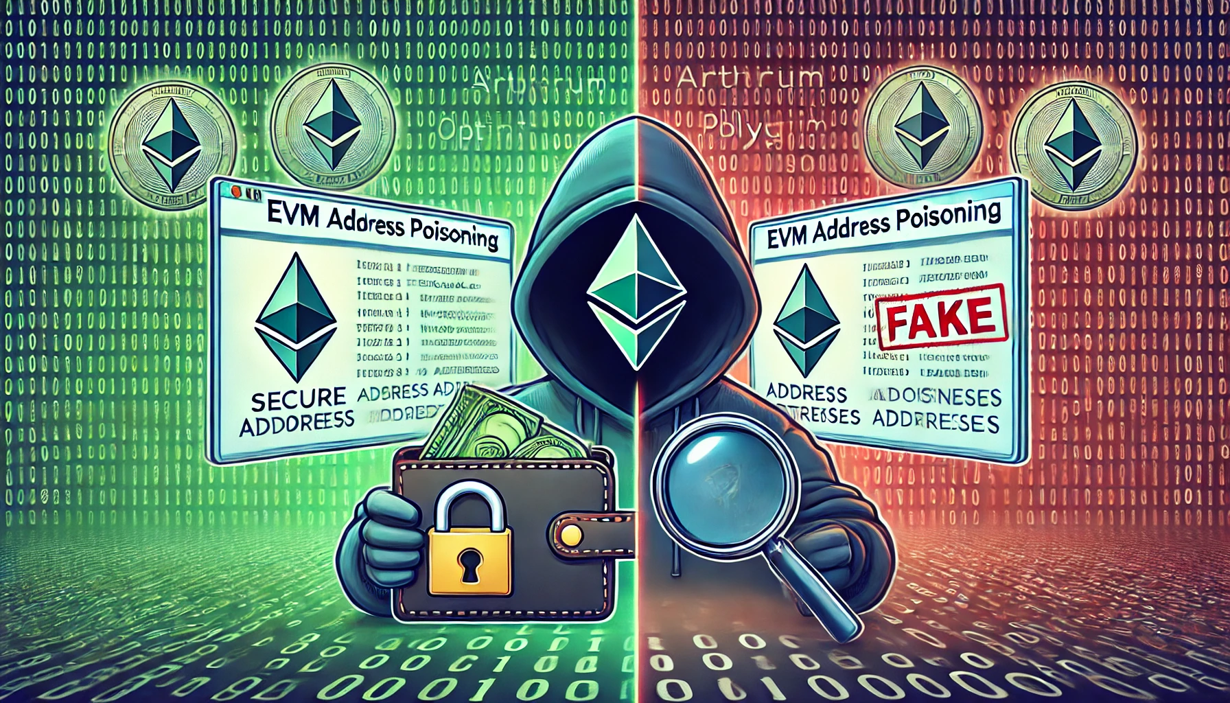 A detailed digital illustration depicting the concept of EVM address poisoning in the blockchain. The image shows a split screen with one side featuring a secure Ethereum wallet with a green shield and a padlock symbol, and the other side showing a hacker generating fake addresses with a red warning sign and a magnifying glass highlighting the similarity between addresses. In the background, binary code and logos of EVM chains like Arbitrum, Optimism, and Polygon subtly fade into the scene, representing the digital nature of the attack.